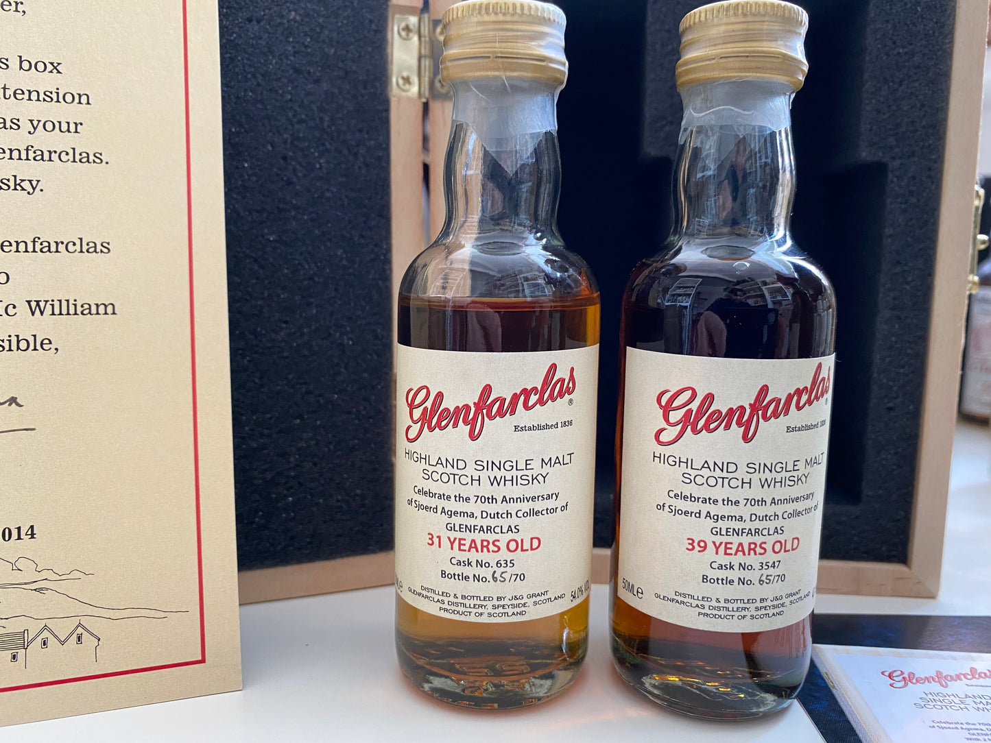 Glenfarclas miniatures 31y and 39y old, box 65/70