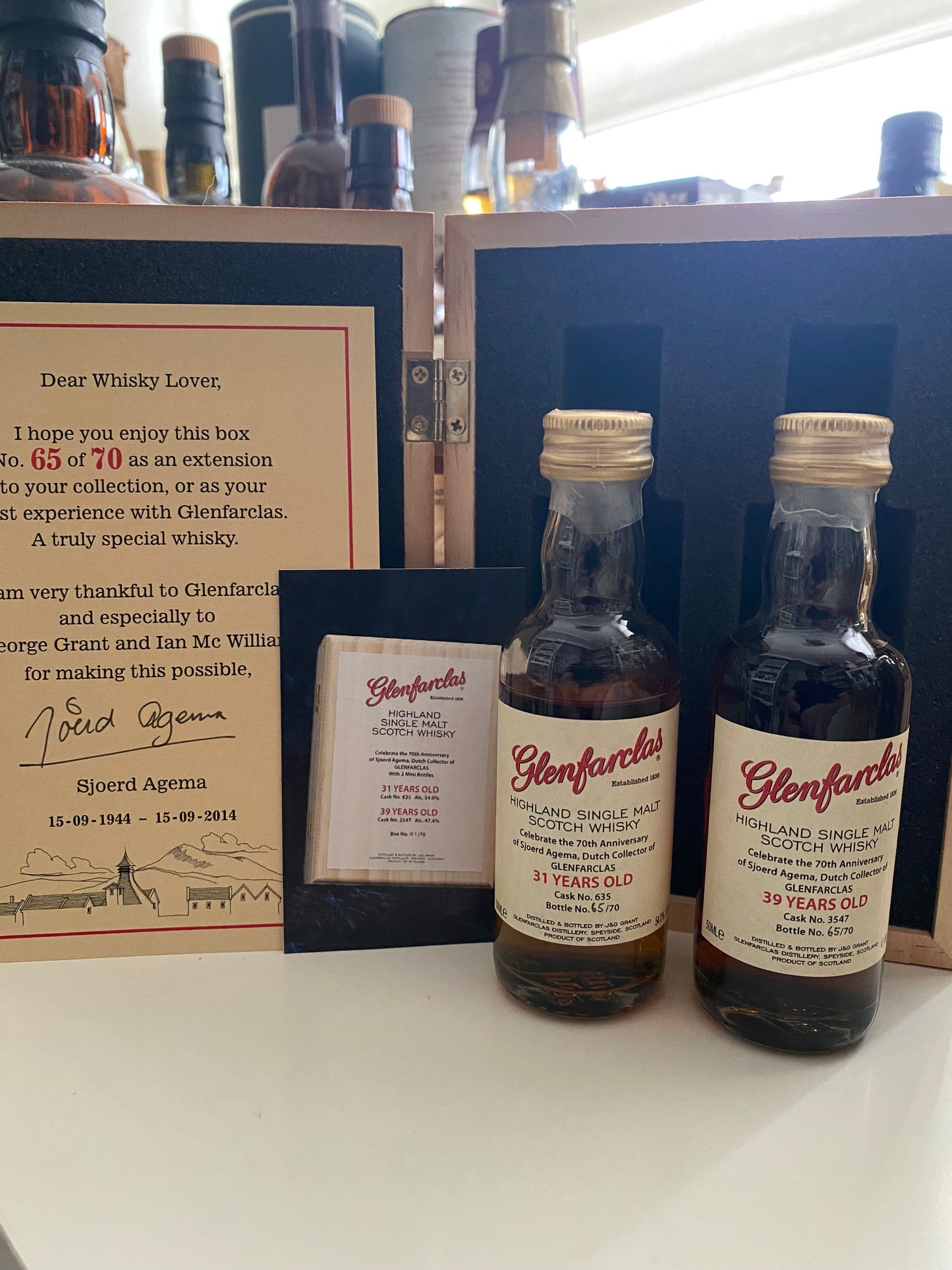 Glenfarclas miniatures 31y and 39y old, box 65/70
