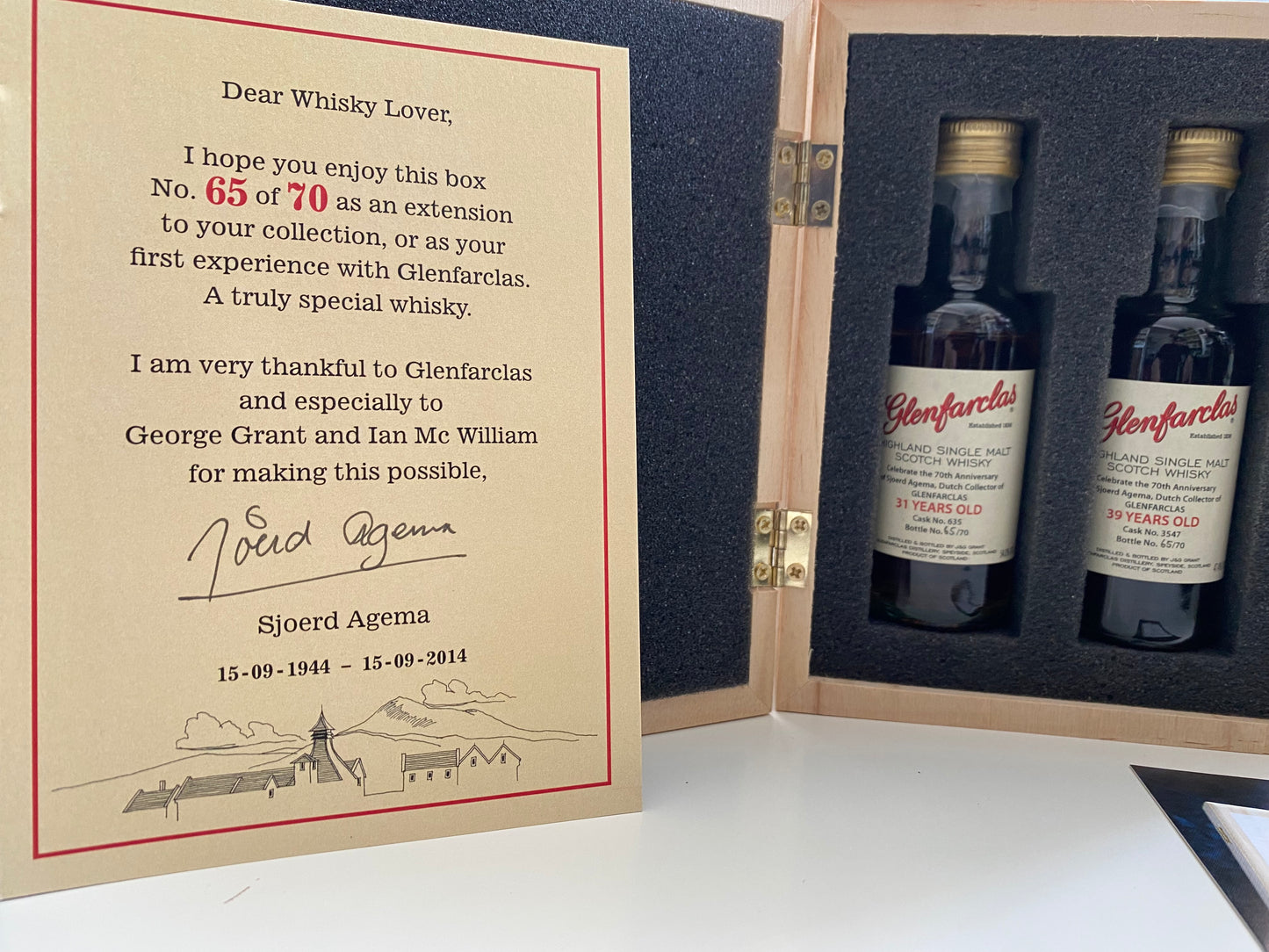 Glenfarclas miniatures 31y and 39y old, box 65/70