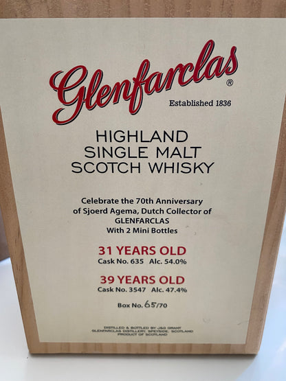Glenfarclas miniatures 31y and 39y old, box 65/70